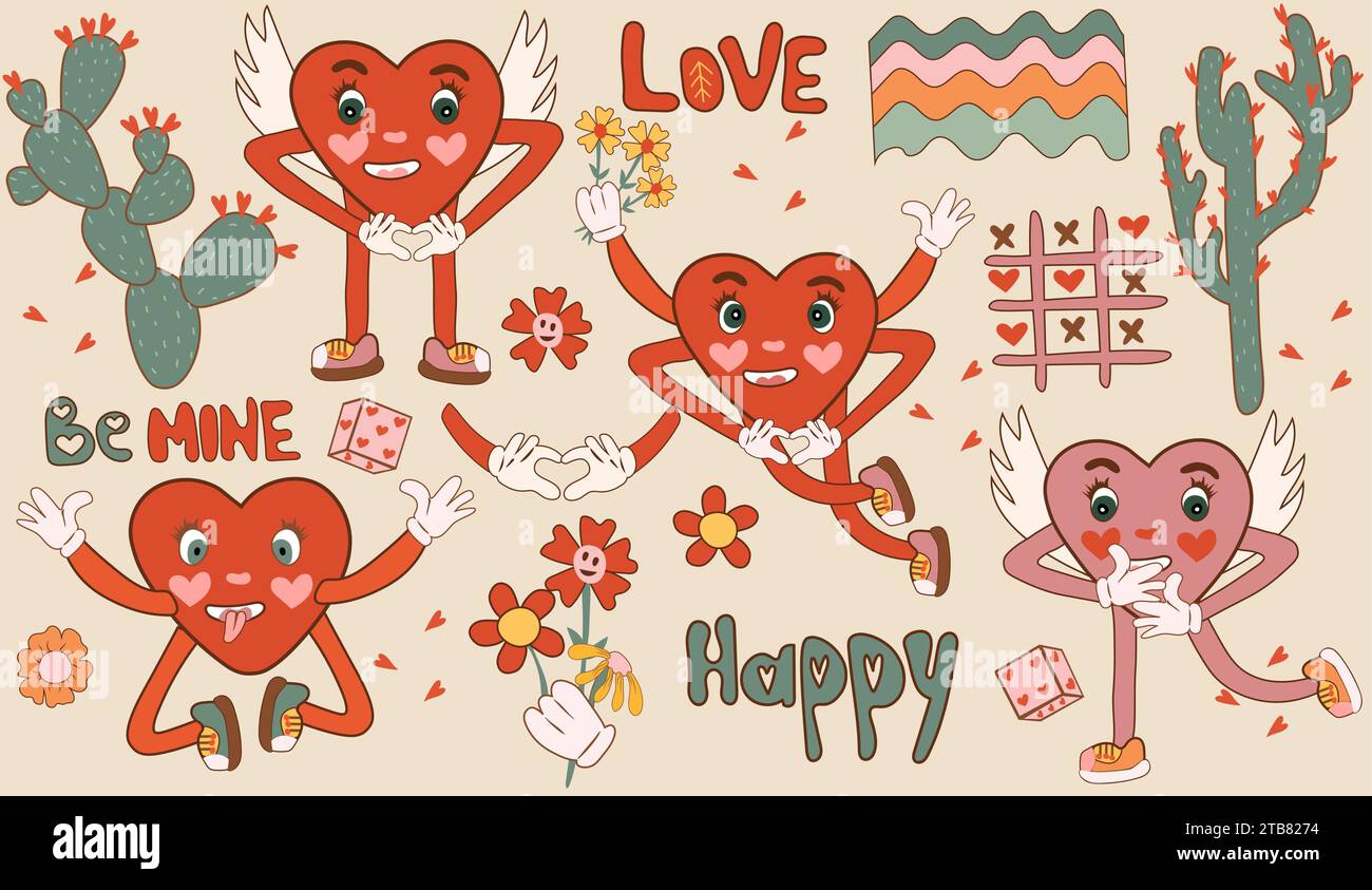 Personaggio Happy Heart ispirato al fumetto, realizzato in stile cartoni animati chic in stile retrò anni '60-70. Comprende una varietà di cuore retrò, cactus, arcobaleno e fiori. Ideale come adesivi d'amore per poster e cartoline. Vettore. Illustrazione Vettoriale