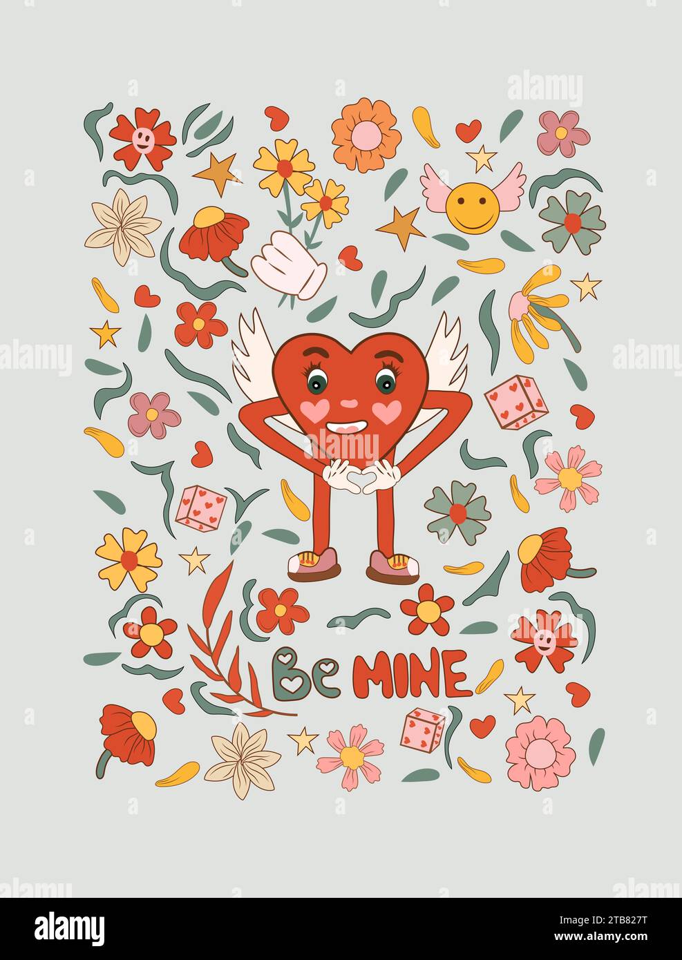 Elegante collezione di adesivi hippie Love per un felice San Valentino in stile retrò. Con personaggi a cuore gioioso in stile comico e fiori in un elegante design dei cartoni animati retrò anni '60-70. Illustrazione vettoriale. Illustrazione Vettoriale