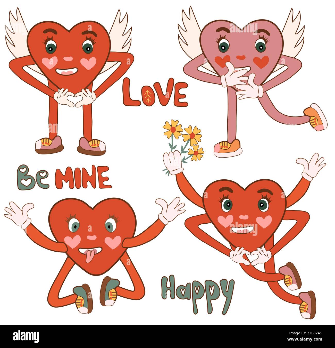 Elegante collezione di adesivi hippie Love per un felice San Valentino in stile retrò. Con personaggi a cuore gioioso in stile comico e fiori in un elegante design dei cartoni animati retrò anni '60-70. Illustrazione vettoriale. Illustrazione Vettoriale