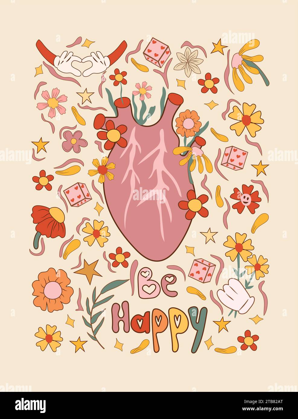 Groovy Heart, margherita, fiore perfetto per poster a tema Hippie anni '60-'70, biglietti di auguri adesivi, copertine, stampe di t-shirt e inviti a feste. Vettore. Illustrazione Vettoriale