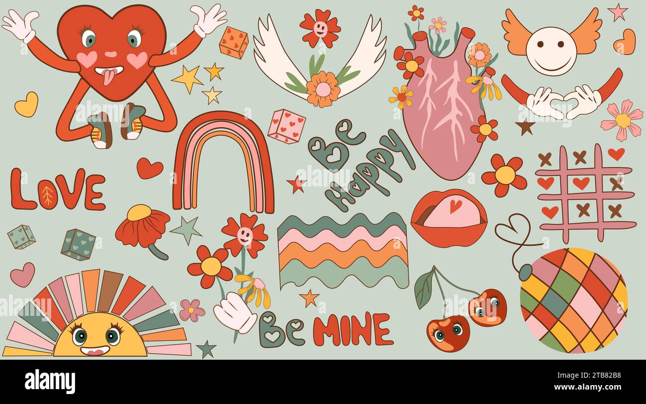 Personaggio Happy Heart ispirato al fumetto, realizzato in stile cartoni animati chic in stile retrò anni '60-70. Include una varietà di cuore retrò, sole, arcobaleno e fiori. Ideale come adesivi d'amore per poster e cartoline. Vettore. Illustrazione Vettoriale