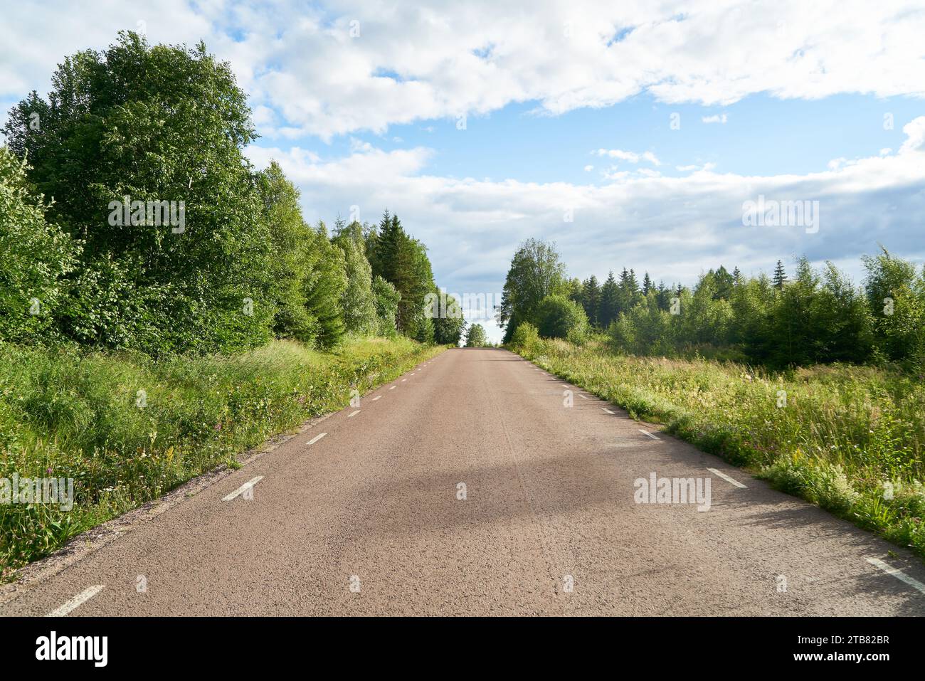 Remota strada di campagna in Svezia con cielo blu e nuvole bianche in estate Foto Stock