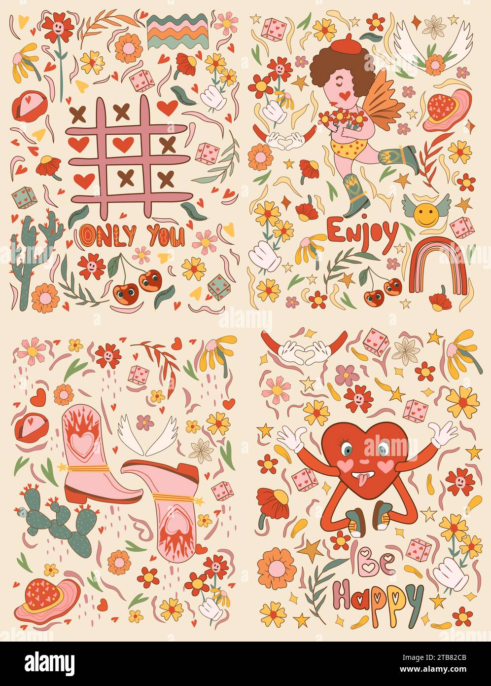 Collezione di adesivi retrò per San Valentino. Presenta elementi romantici ispirati ai cartoni animati e personaggi hippie per le vacanze. Include un adorabile cupido in stile fumetto d'epoca, un cuore che corre e fiori. Vettore. Illustrazione Vettoriale