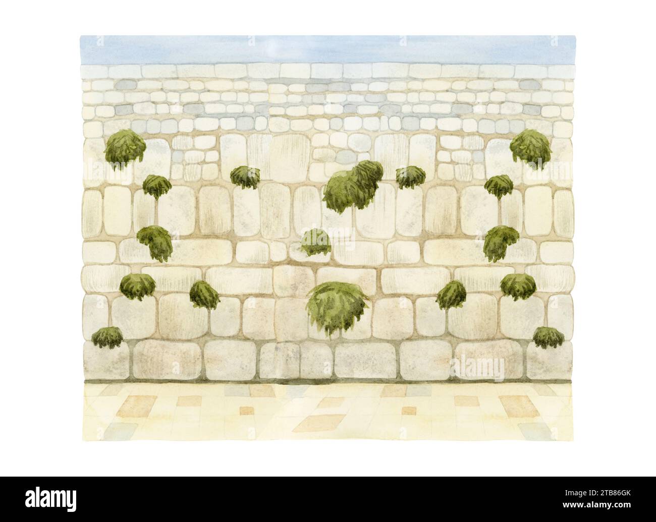 Vista del muro Occidentale ebraico nella città vecchia di Gerusalemme illustrazione acquerello. Il Kotel in Israele per le preghiere Foto Stock