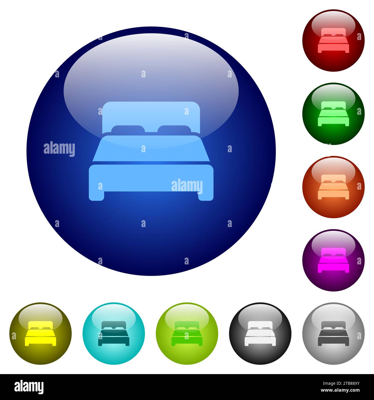 Icone del letto doppio su pulsanti rotondi in vetro in più colori. Struttura di livello ordinata Illustrazione Vettoriale