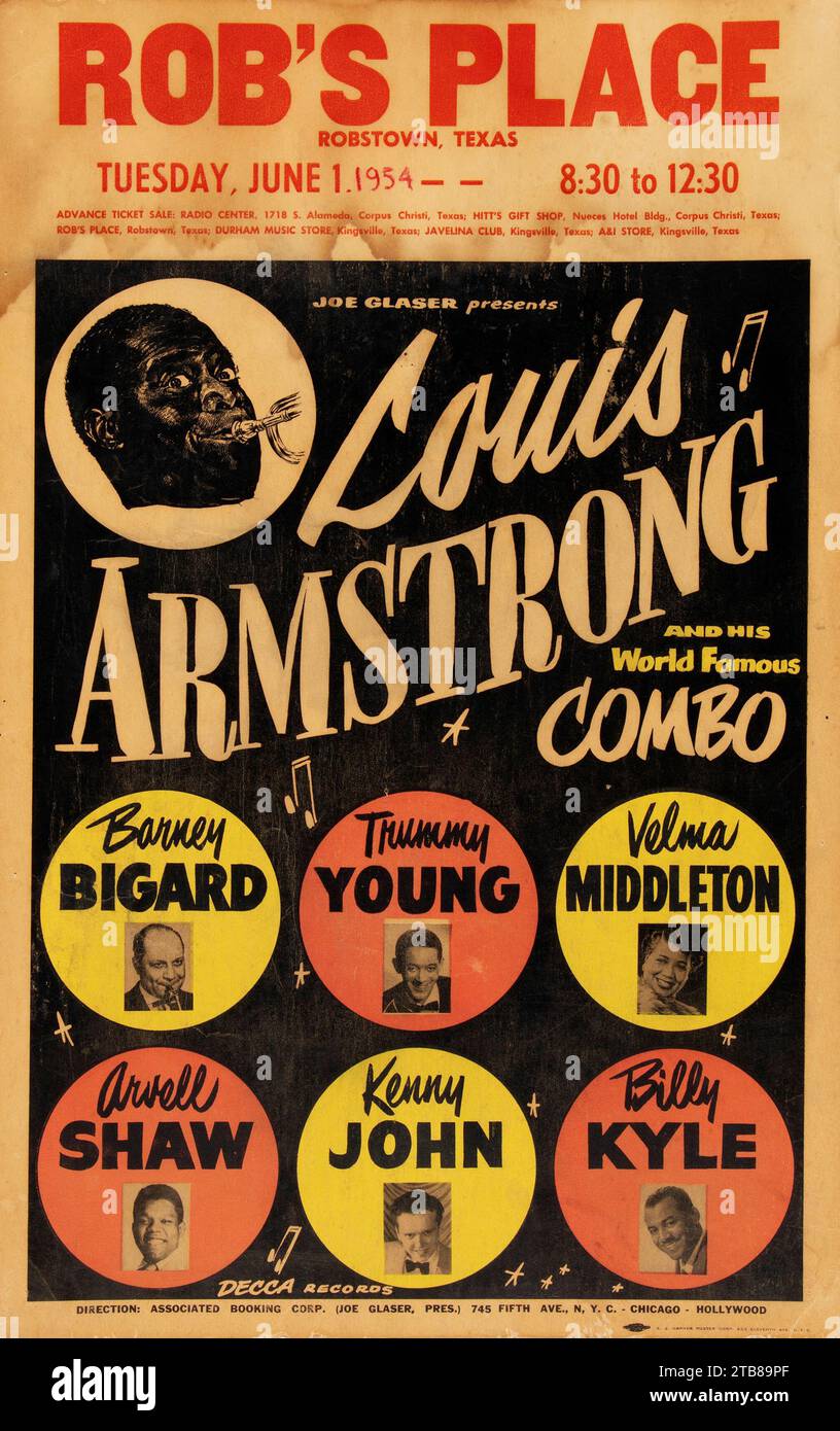 Rob's Place - poster dei concerti jazz Louis Armstrong 1954 con la sua famosa combinazione Foto Stock