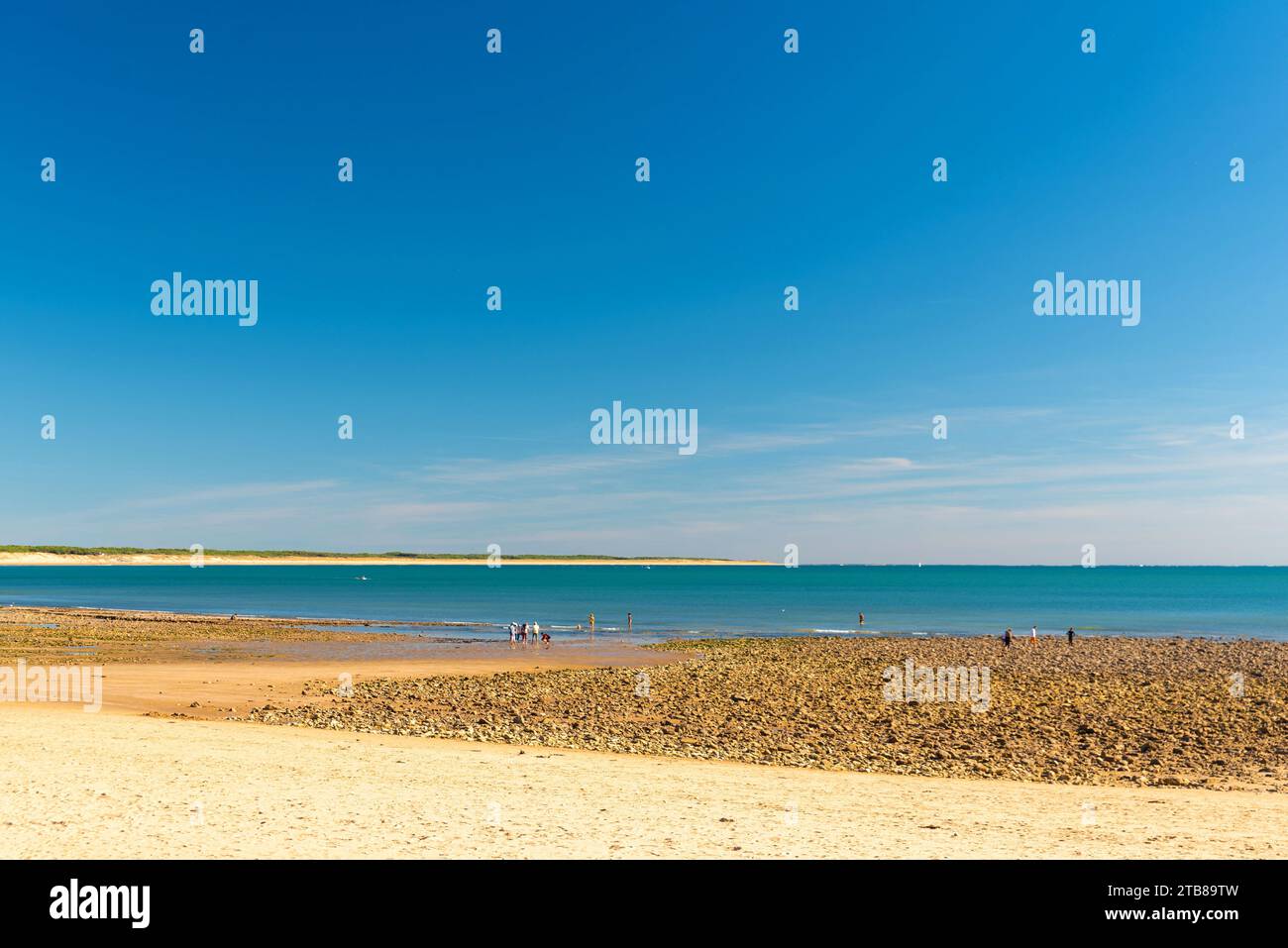 Jard-sur-Mer (Francia sud-occidentale): Turisti su una spiaggia di sabbia fine con bassa marea, lungo la zona costiera della cote de Lumiere Foto Stock