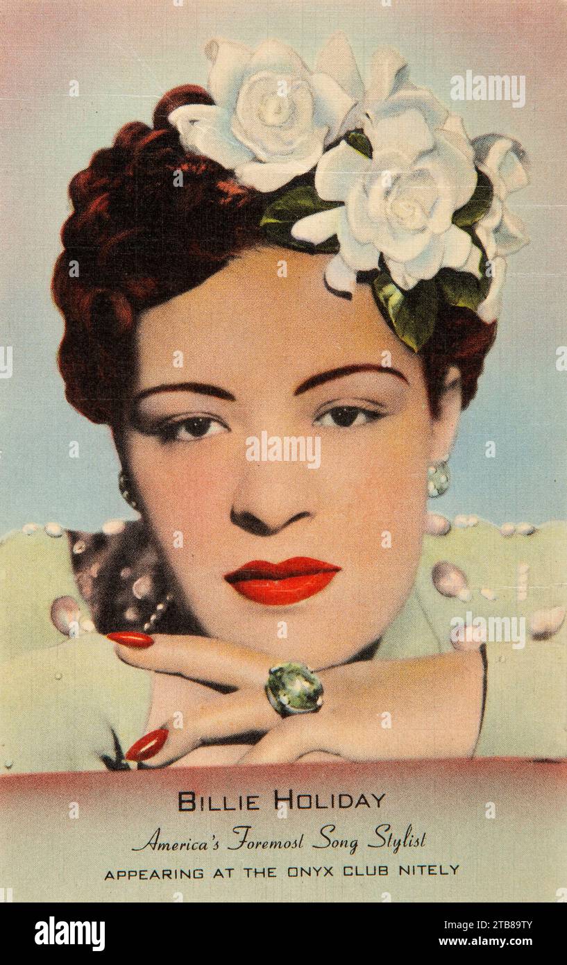 Cartolina Jazz d'epoca - Billie Holiday - Onyx Club 1940s New York City - cartolina a colori Foto Stock
