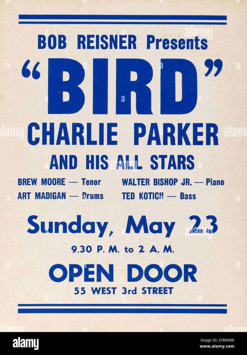 Poster jazz vintage - Charlie Parker 1954 "Bird" Small Concert poster presso Open Door Nightclub, New York Foto Stock