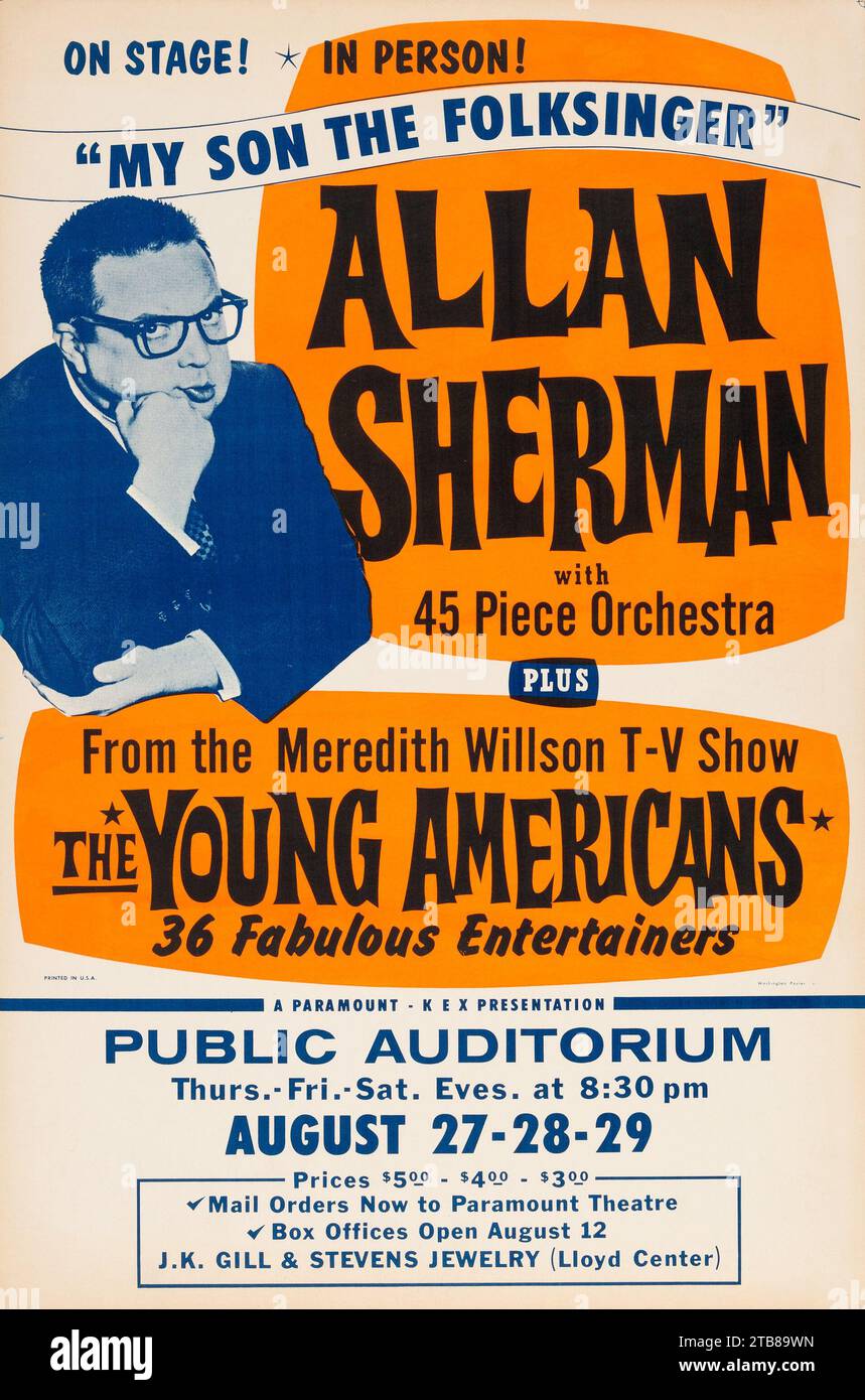 Poster d'epoca - Allan Sherman - My Son the Folksinger - da Meredith Willson TV show - poster da concerto presso l'Auditorium pubblico (1964) Foto Stock