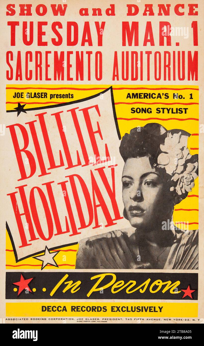 Poster jazz d'epoca - poster del concerto di Billie Holiday (Joe Glaser Presents, 1949) Foto Stock