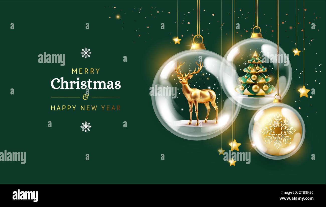 Sfondo cartolina di Natale - albero di natale, cervi, palle di natale e decorazioni dorate su sfondo verde con luci scintillanti - illustratore di natale vettoriale Illustrazione Vettoriale