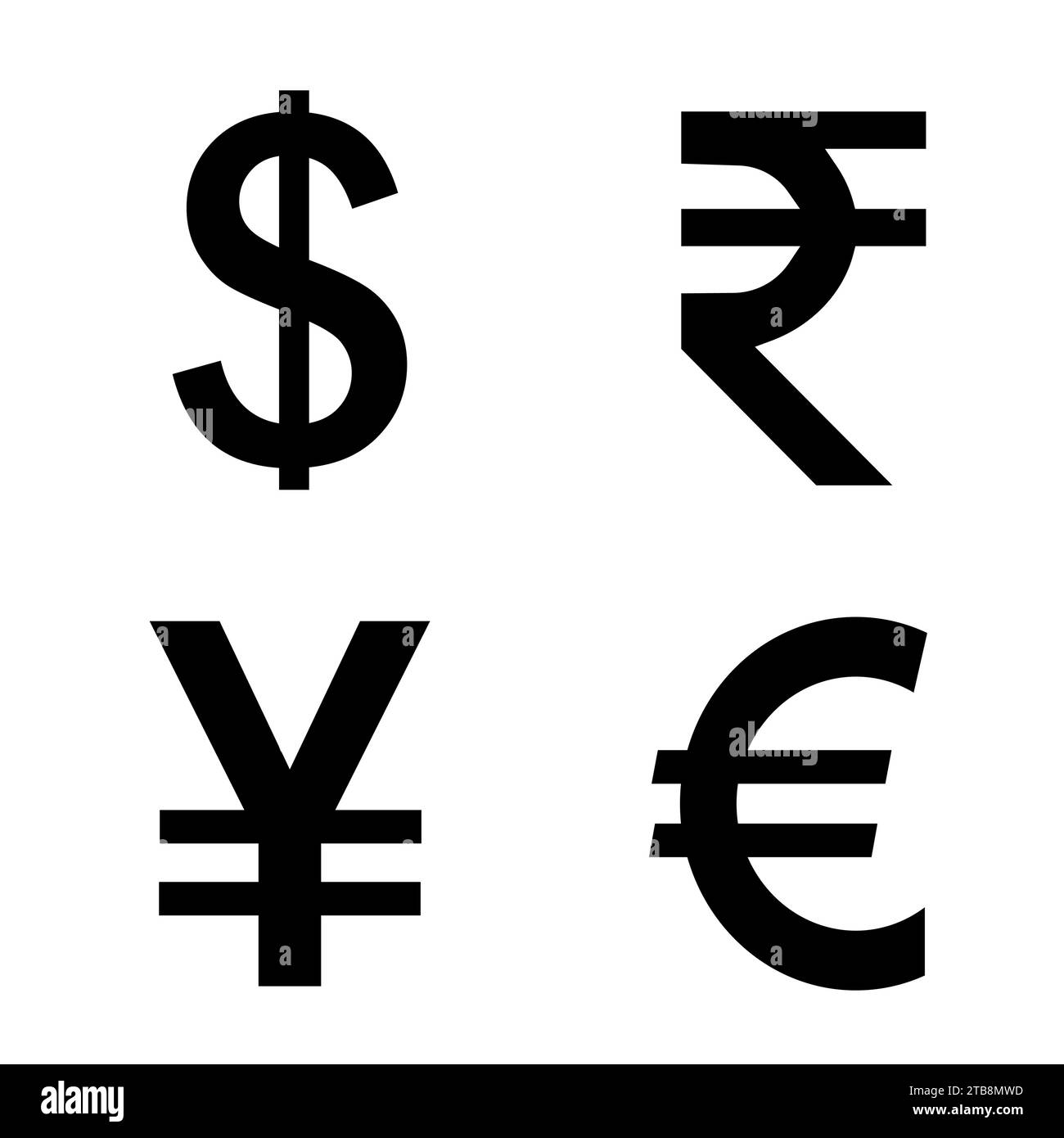 Set di simboli di valuta Dollaro, Yen, Euro Rupia isolato su sfondo bianco Illustrazione Vettoriale