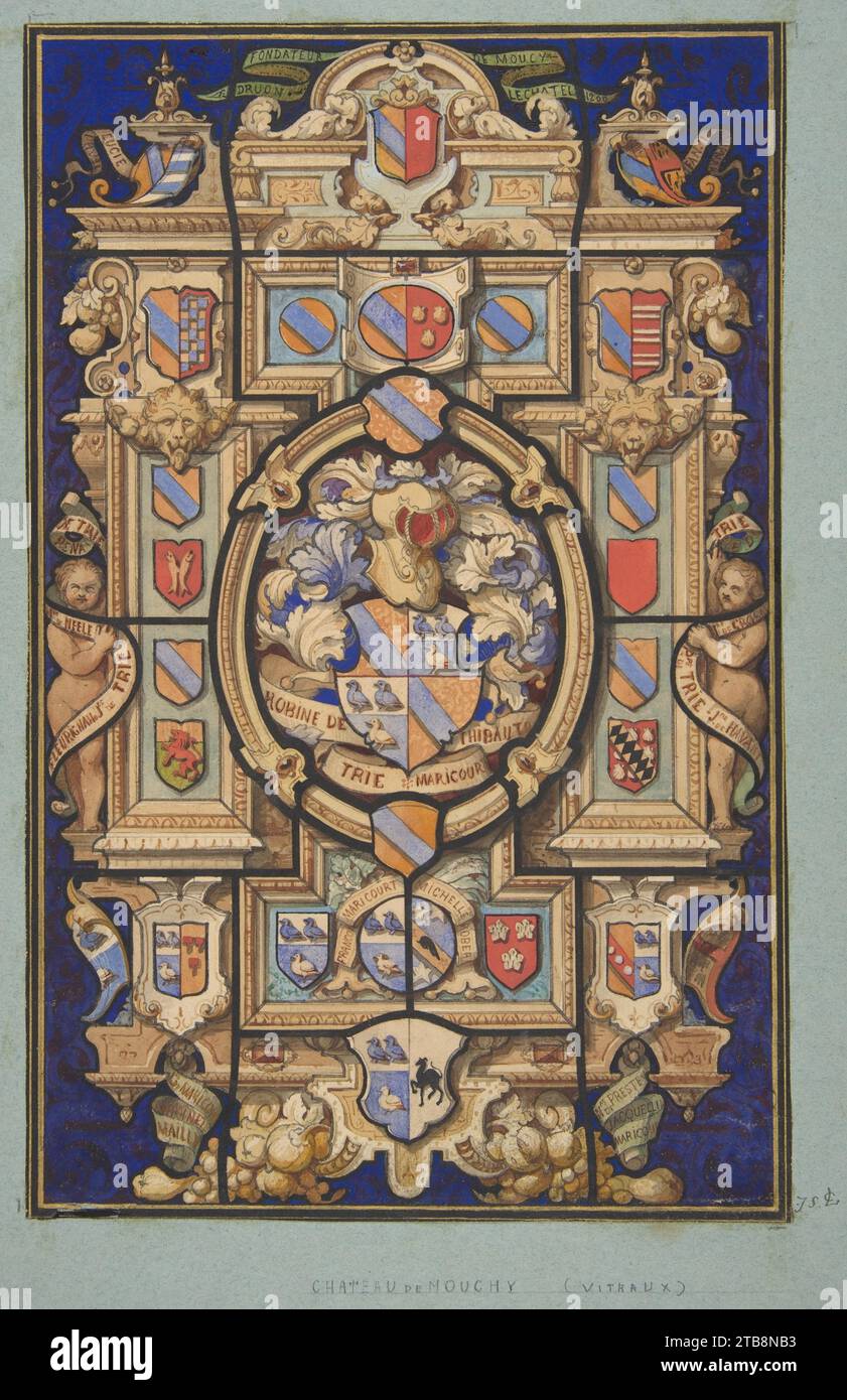 Design di una vetrata con disegni araldici per lo Chateau Mouchy (Oise) 1967 di Jules-Edmond-Charles Lachaise Foto Stock