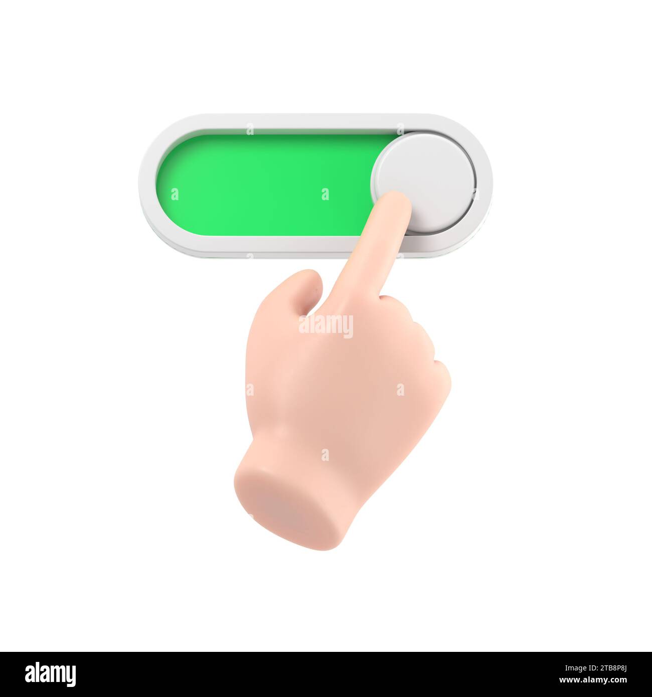 Icona del gesto del cartone animato Mockup.rendering 3d,mano del personaggio del cartone animato attivazione del pulsante,icona della barra di scorrimento.rendering 3D su sfondo bianco. Foto Stock