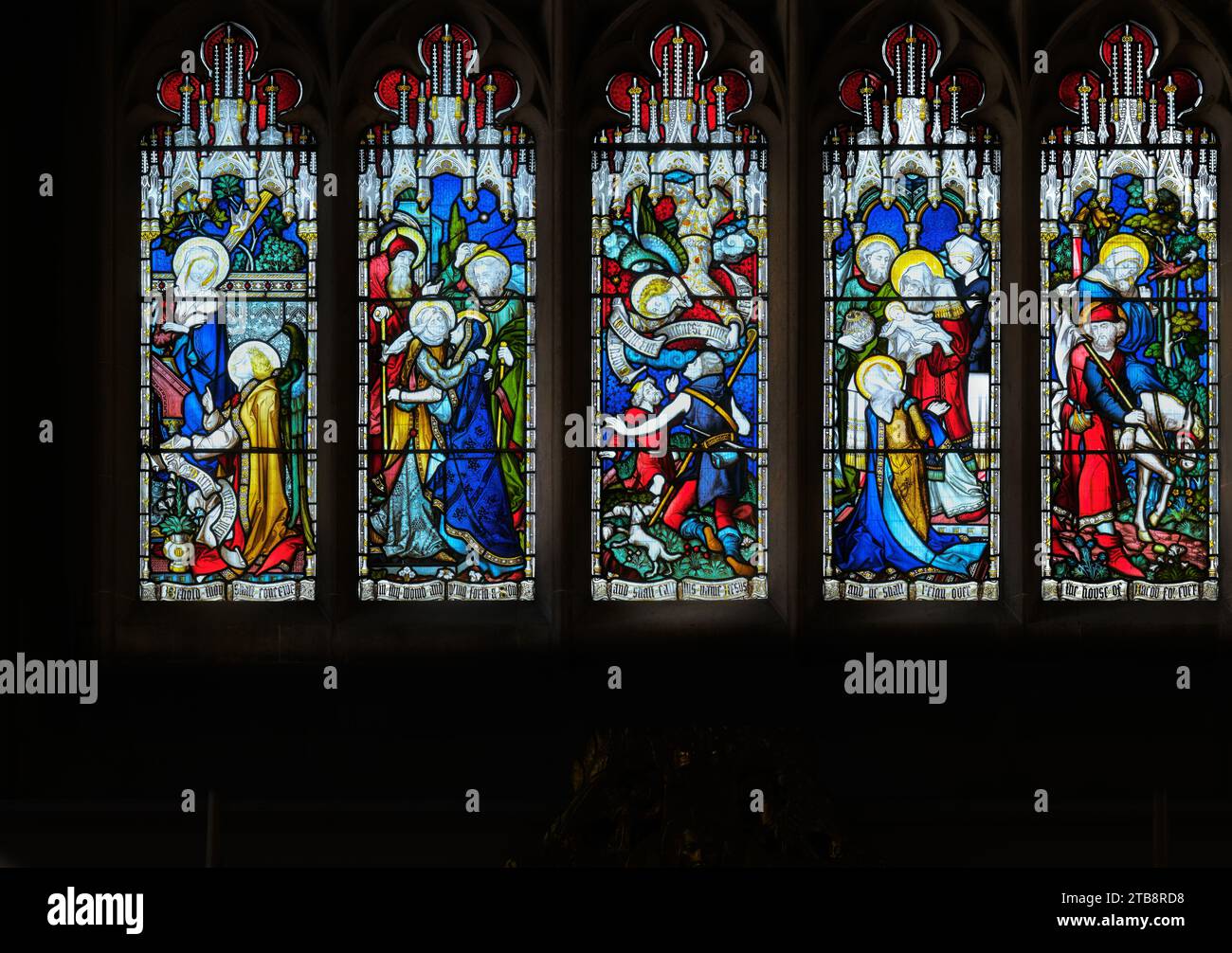 Vetrata della nascita di Gesù Cristo (annuncio visita, pastori, Simeone, fuga in Egitto), nella chiesa universitaria di Cambridge. Foto Stock