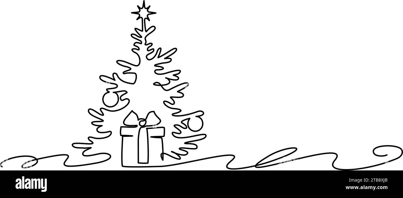 Abete di pino di Natale con decorazione con colpo regalo. Disegno continuo su una linea. Illustrazione Vettoriale