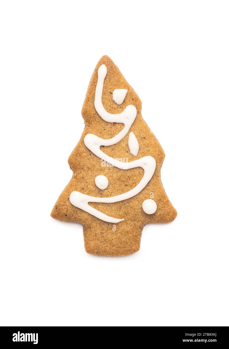 Biscotto di pan di zenzero di un albero di Natale con glassa isolata su sfondo bianco Foto Stock