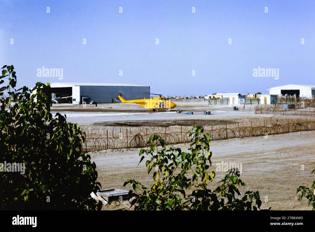 Scansione vetrino di archivio. Royal Air Force, Westland Whirlwind HAR.2 elicottero, XL111, del volo di ricerca e salvataggio RAF Khormaksar si prepara a decollare dalla RAF Khormaksar, Aden. 1966. Sullo sfondo un elicottero Belvedere è in un hangar, e i jet da combattimento Hawker Hunter sono allineati sulla padella. Foto Stock