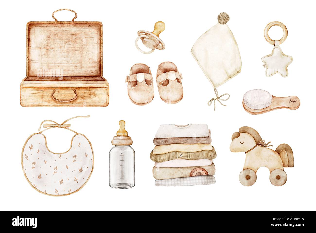 Set di accessori per un neonato durante un viaggio. Illustrazioni ad acquerello di abiti, scarpe, giocattoli, articoli per la cura dei bambini. Clipart per carte, poster, baby shower Foto Stock