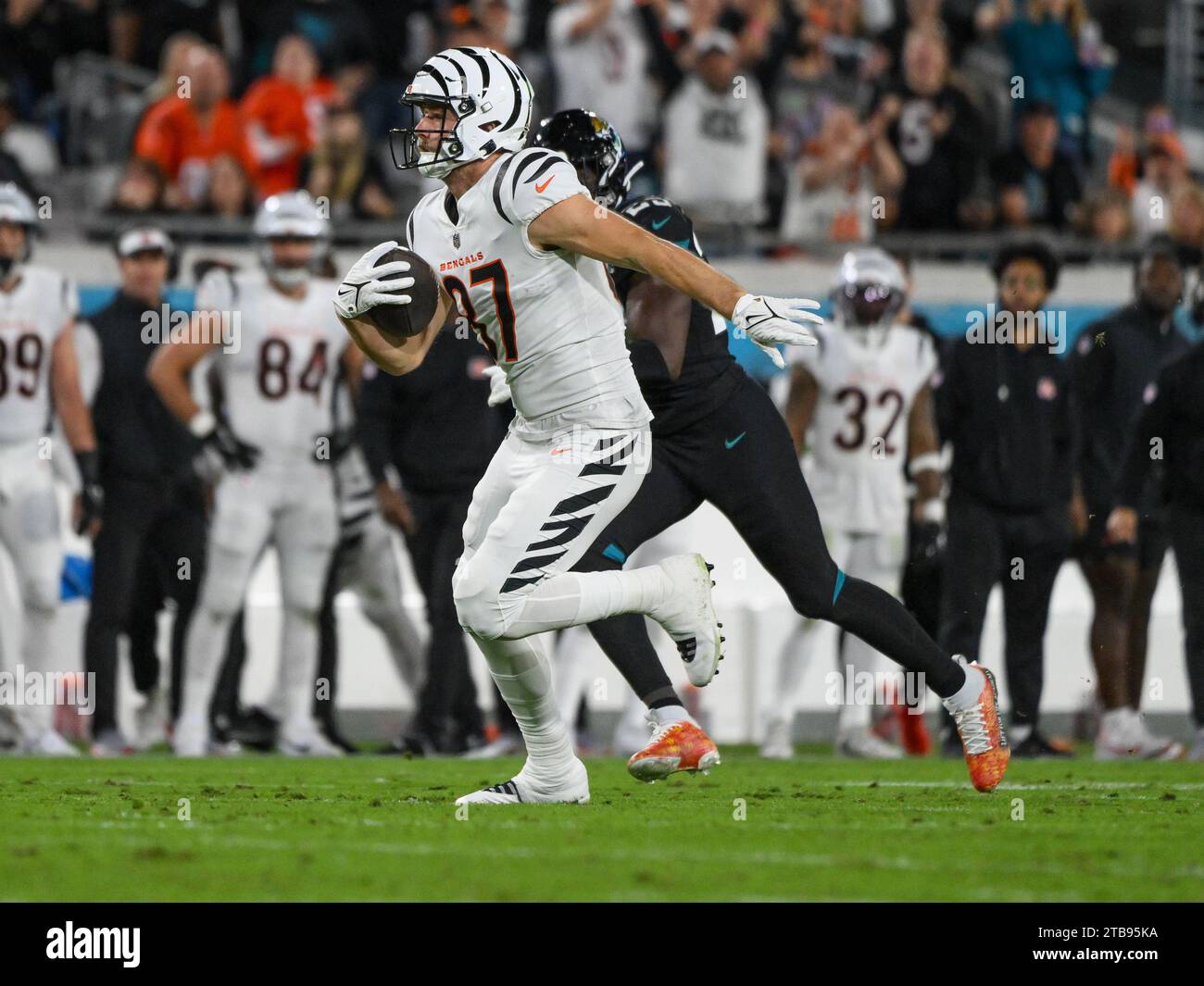 Jacksonville, Florida, USA. 4 dicembre 2023. Il tight end dei Cincinnati Bengals Tanner Hudson (87) nel primo tempo della gara contro i Jacksonville Jaguars a Jacksonville, Florida. Romeo T Guzman/Cal Sport Media/Alamy Live News Foto Stock