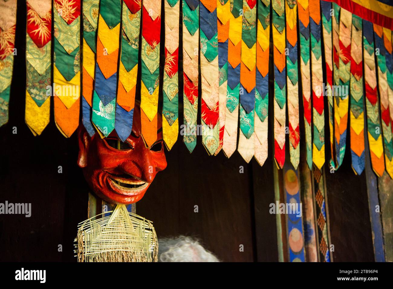 Maschera esposta in una fattoria dietro un colorato tessuto decorativo appeso; Paro Valley, Bhutan Foto Stock