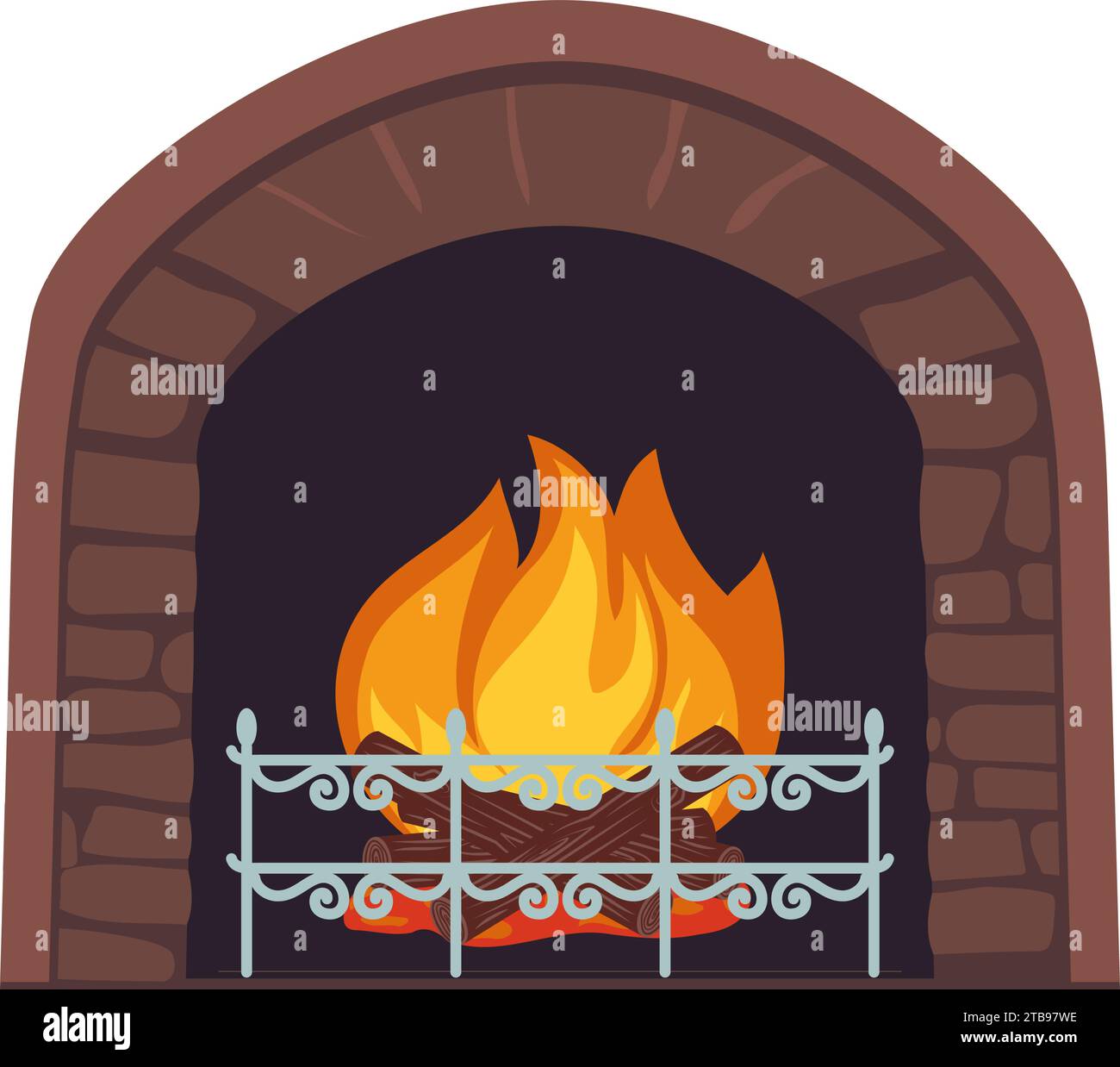 Caminetto con legna da ardere. Focolare di pietra con fuoco ardente. Illustrazione vettoriale. Illustrazione Vettoriale