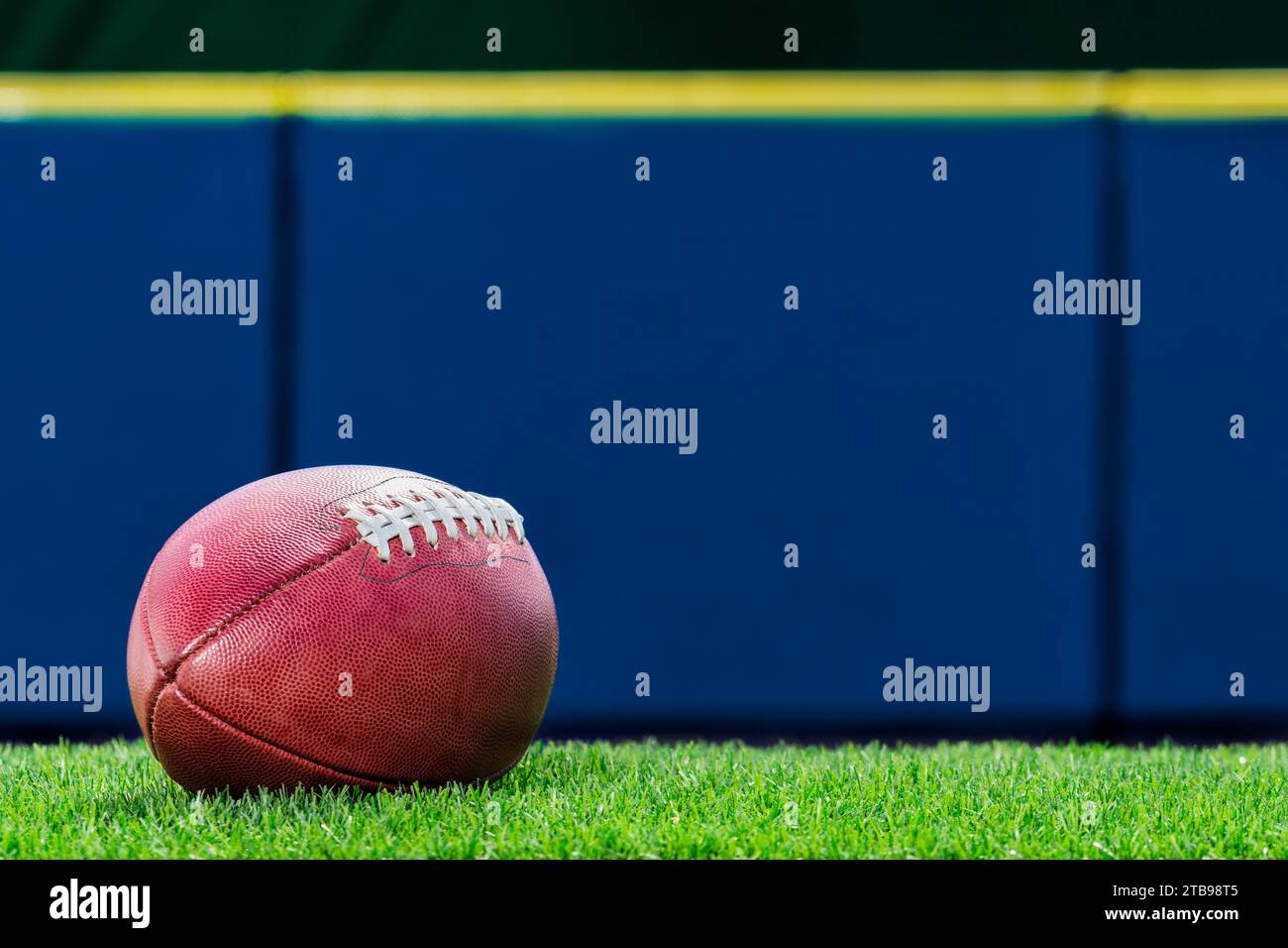Vista dall'angolo basso di un football americano professionista seduto sul terreno erboso di uno stadio con parete imbottita blu sullo sfondo. Foto Stock
