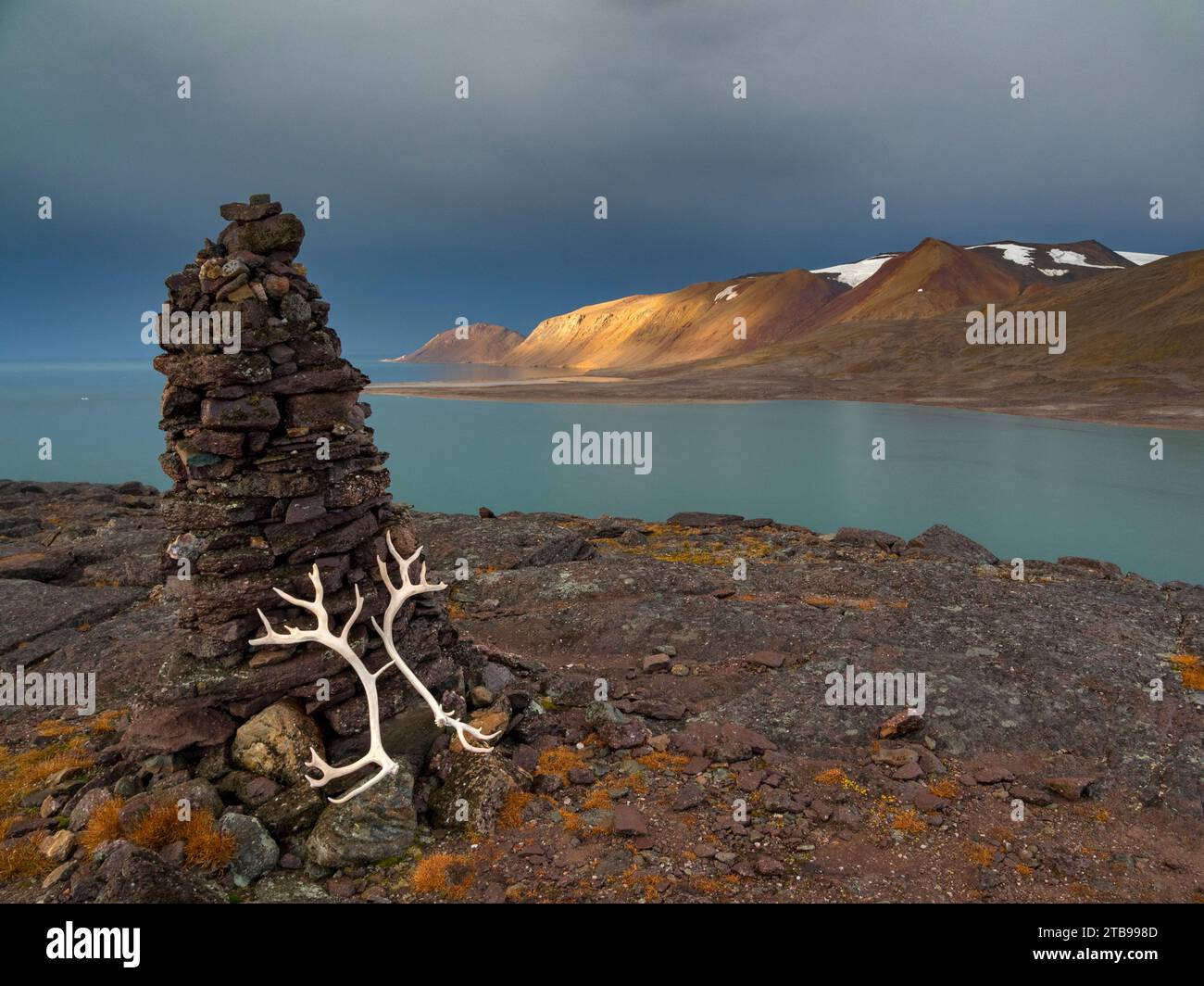 Una coppia di corna di renne delle Svalbard si appoggiano su un vecchio marcatore di navigazione; Spitsbergen, Svalbard, Norvegia Foto Stock