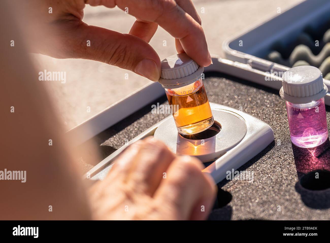 Kit per ANALISI PH con flaconi di liquidi arancioni e rosa per analisi dell'acqua Foto Stock