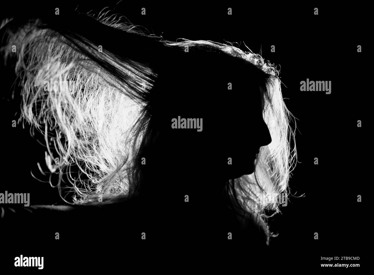 I lunghi capelli della donna illuminati dalla luce, su uno sfondo nero; Lincoln, Nebraska, Stati Uniti d'America Foto Stock