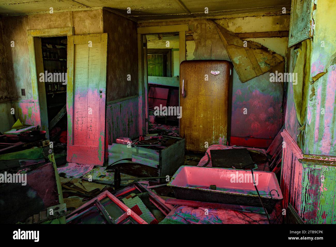 NoneOld abounded House con splotches di colorazione rosa vivace; Digby Neck, nuova Scozia, Canada Foto Stock