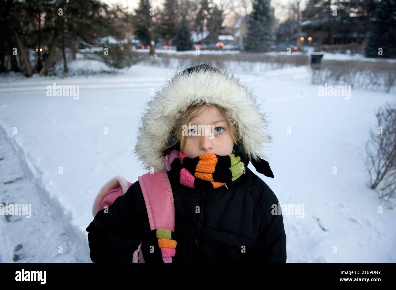 La ragazza si unisce prima della sua passeggiata mattutina per andare a scuola; Lincoln, Nebraska, Stati Uniti d'America Foto Stock