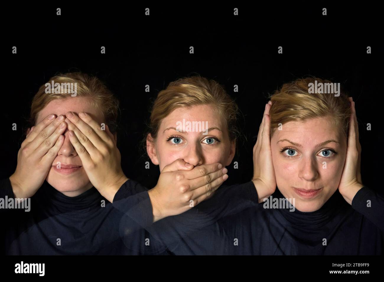 Le esposizioni multiple creano una visione senza male, non parlano, non ascoltano scene malvagie; Studio Foto Stock