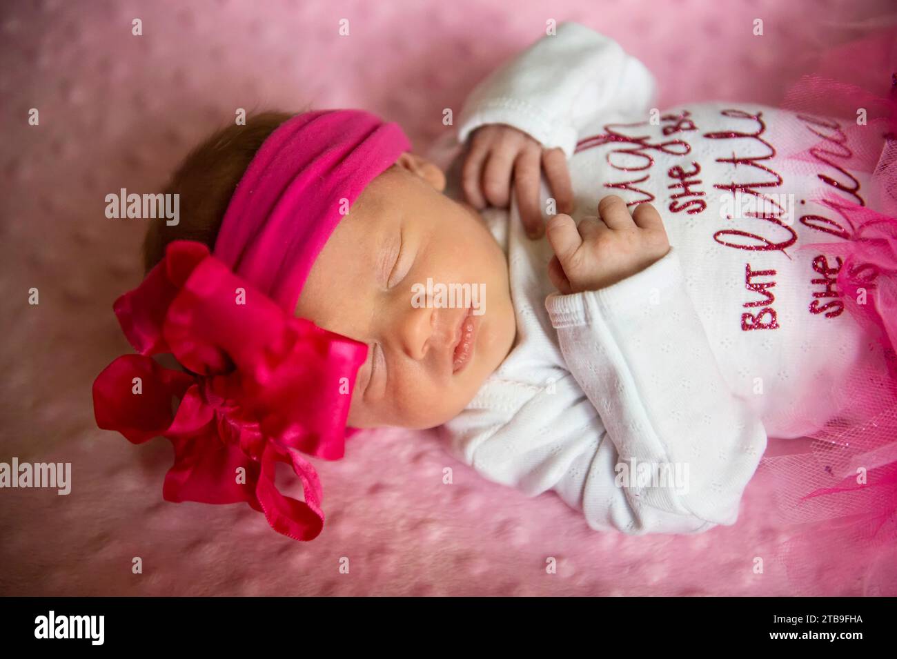 Ritratto ravvicinato di una neonata con un fiocco rosa sulla testa; Lincoln, Nebraska, Stati Uniti d'America Foto Stock
