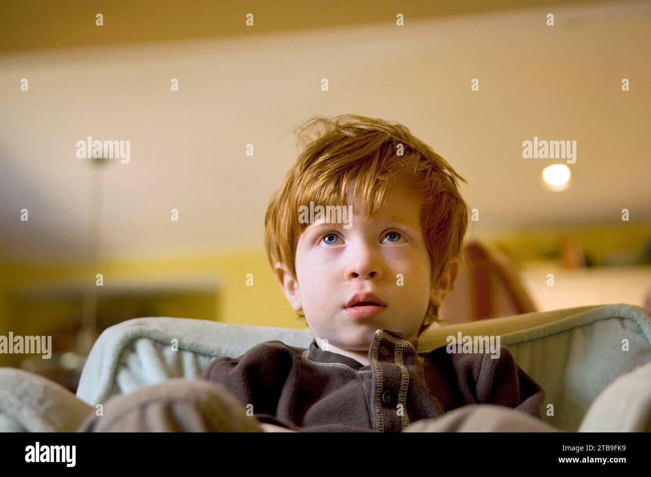 Bambino in età prescolare guarda la TV nella sua poltrona da bambino; Atlanta, Georgia, Stati Uniti d'America Foto Stock