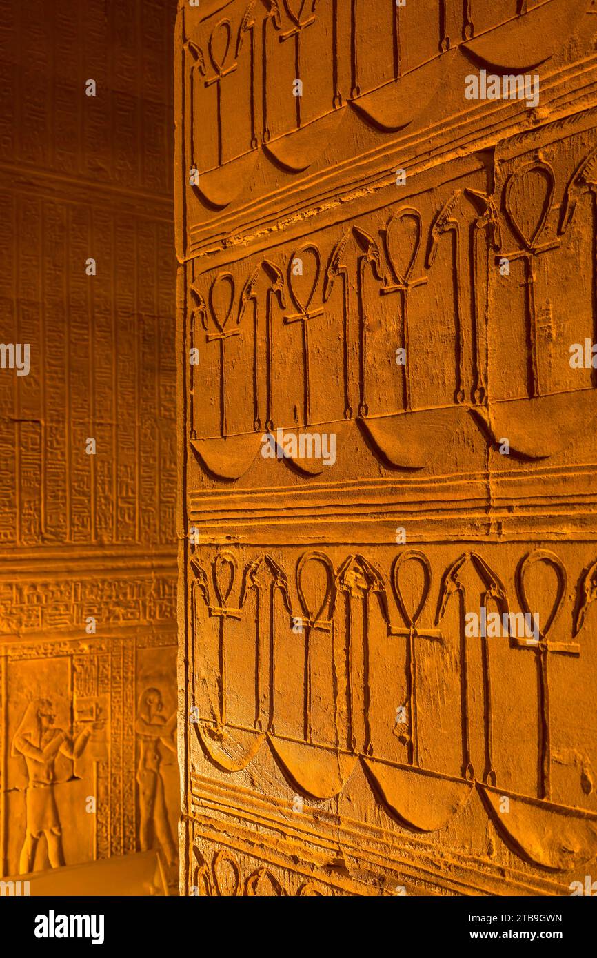 Primo piano dell'opera d'arte geroglifica a bassorilievo sulle pareti all'interno del Tempio di Horus in luce dorata; Edfu, Egitto, Nord Africa Foto Stock
