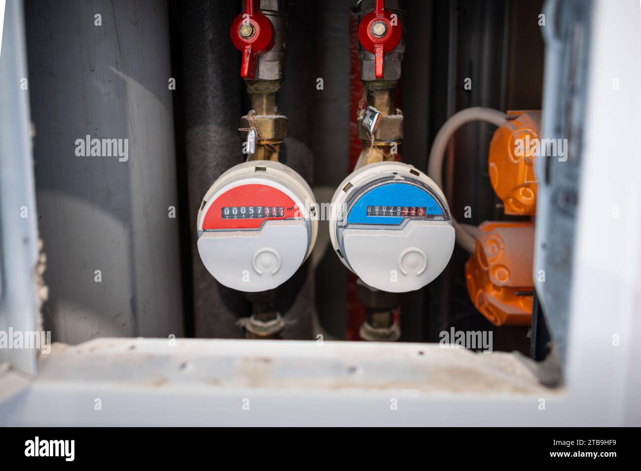Contatori d'acqua per acqua calda e fredda in un appartamento. Il consumo per la famiglia può essere letto per calcolare i costi per gli inquilini. Foto Stock