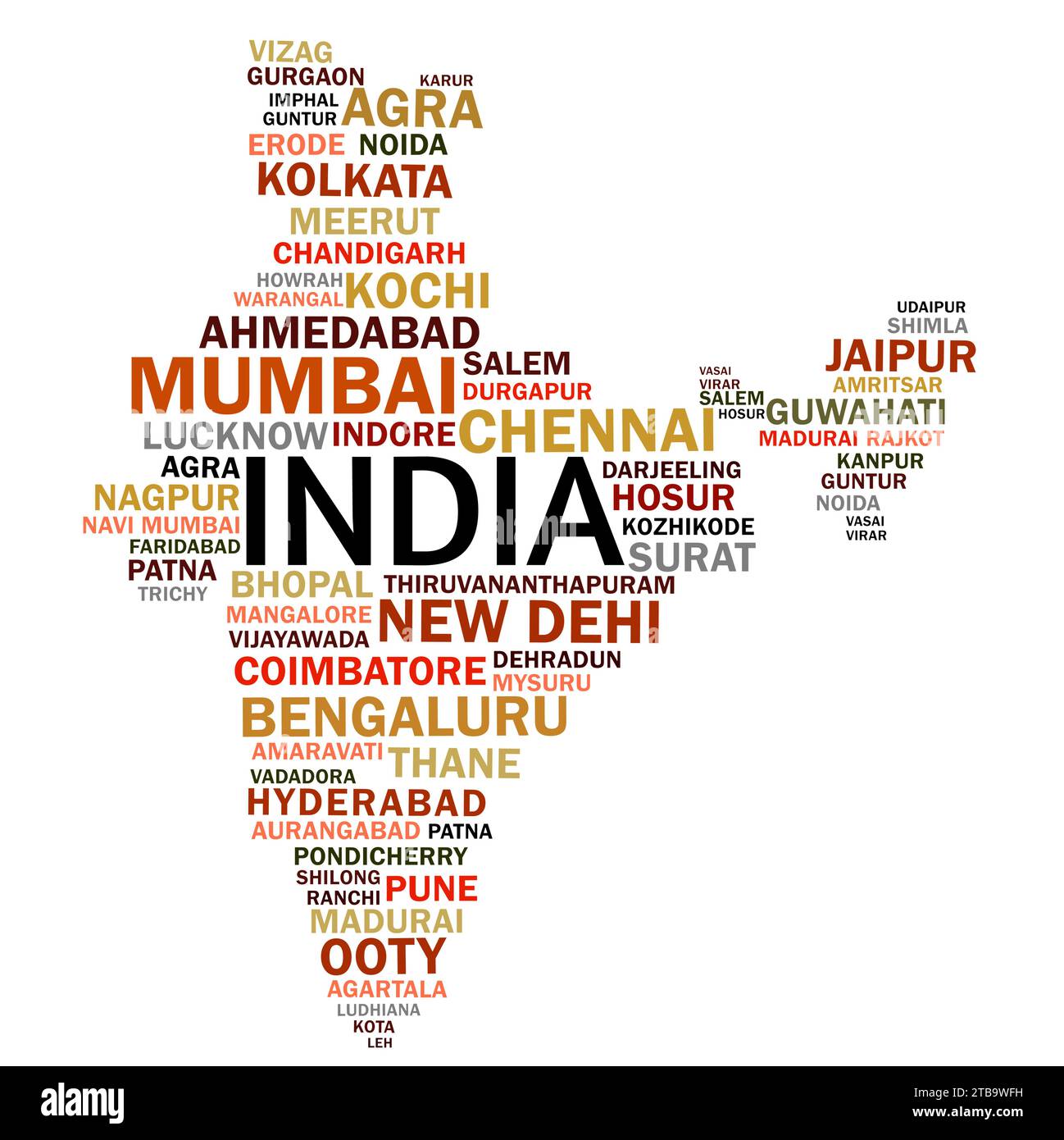 Mappa India realizzata con nomi di città indiane Word cloud tag illustrazione vettoriale cloud Illustrazione Vettoriale