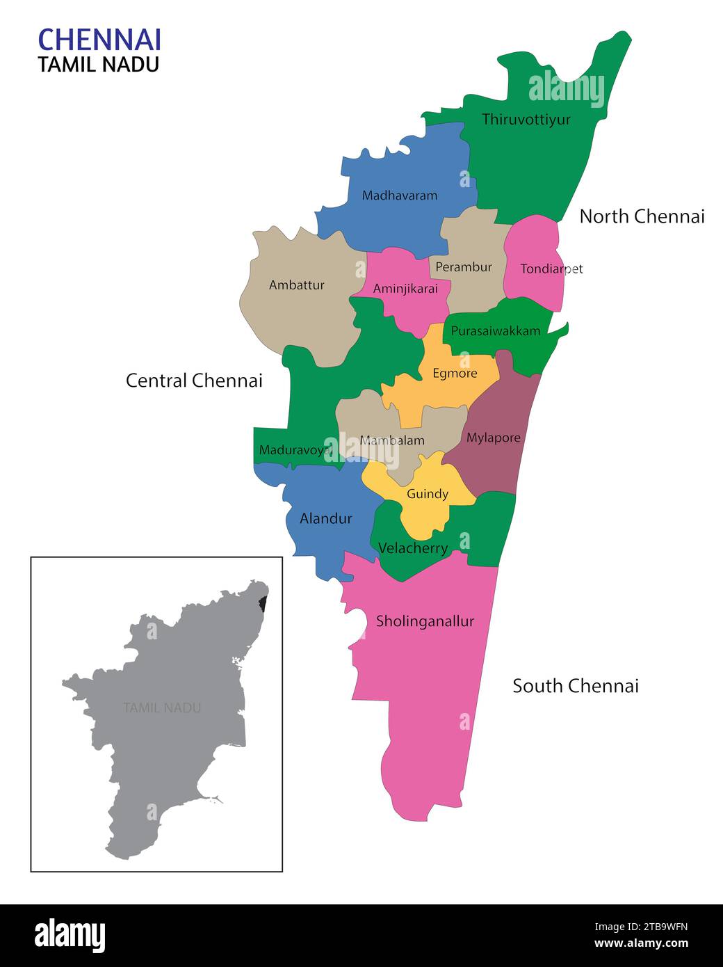 Mappa politica della città di Chennai insieme all'illustrazione vettoriale della mappa di Tamilnadu Illustrazione Vettoriale