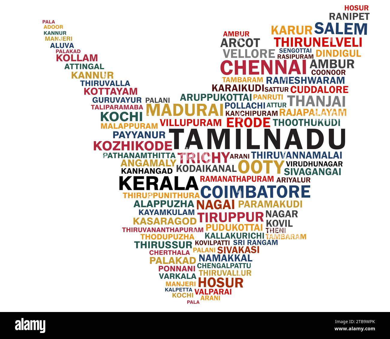 Mappa di Tamilnadu e Kerala formata con Tamilnadu e Kerala Cities World cloud Illustrazione Vettoriale
