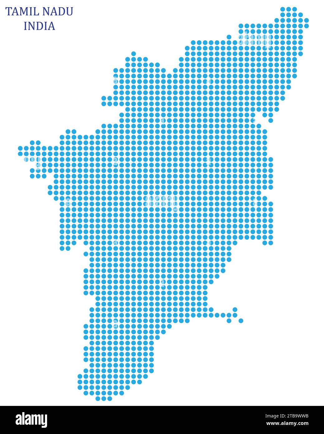 Mappa di Tamilnadu formata con punti blu isolati sul bianco Illustrazione Vettoriale