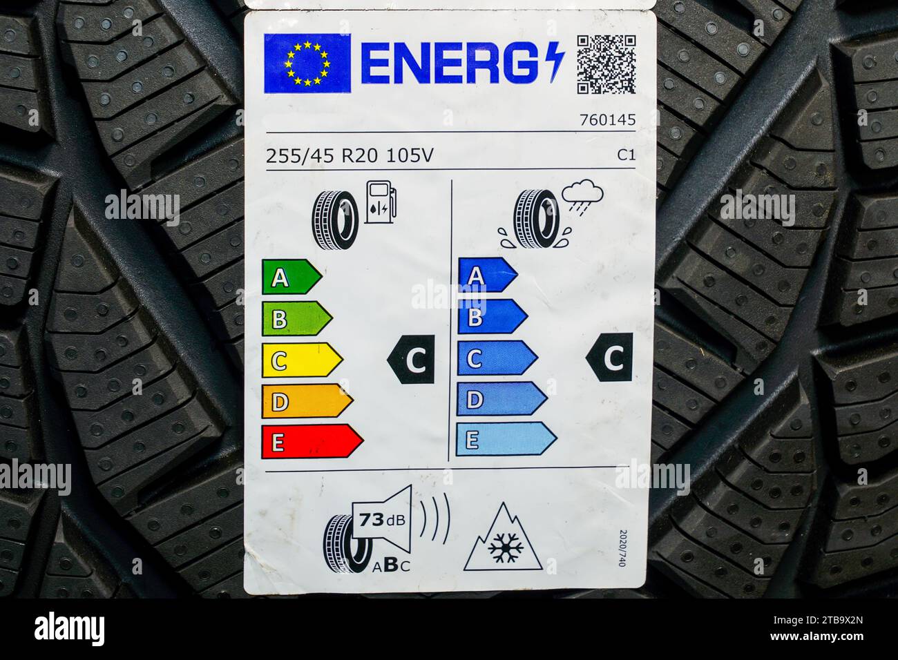Nuova etichettatura UE degli pneumatici con informazioni sul livello di rumorosità, sullo spazio di frenata e sul consumo di carburante Foto Stock