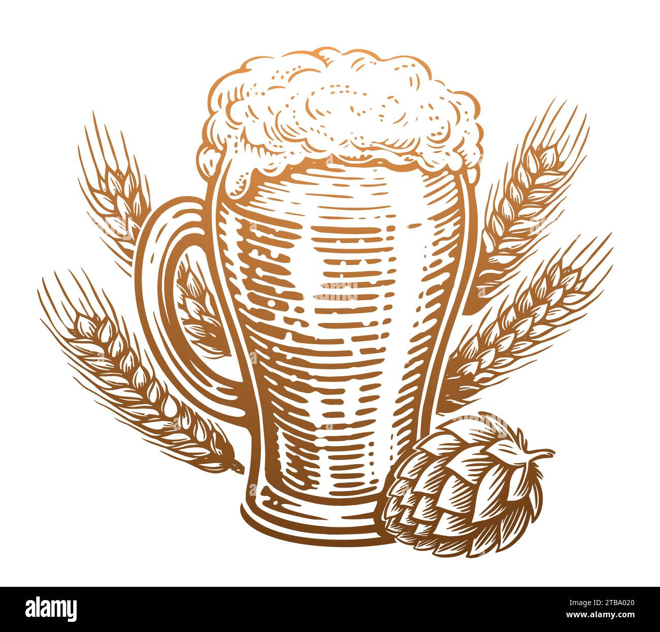 Bicchiere da birra con schiuma traboccante, luppolo e frumento. Pub, disegnare illustrazioni vettoriali vintage Illustrazione Vettoriale