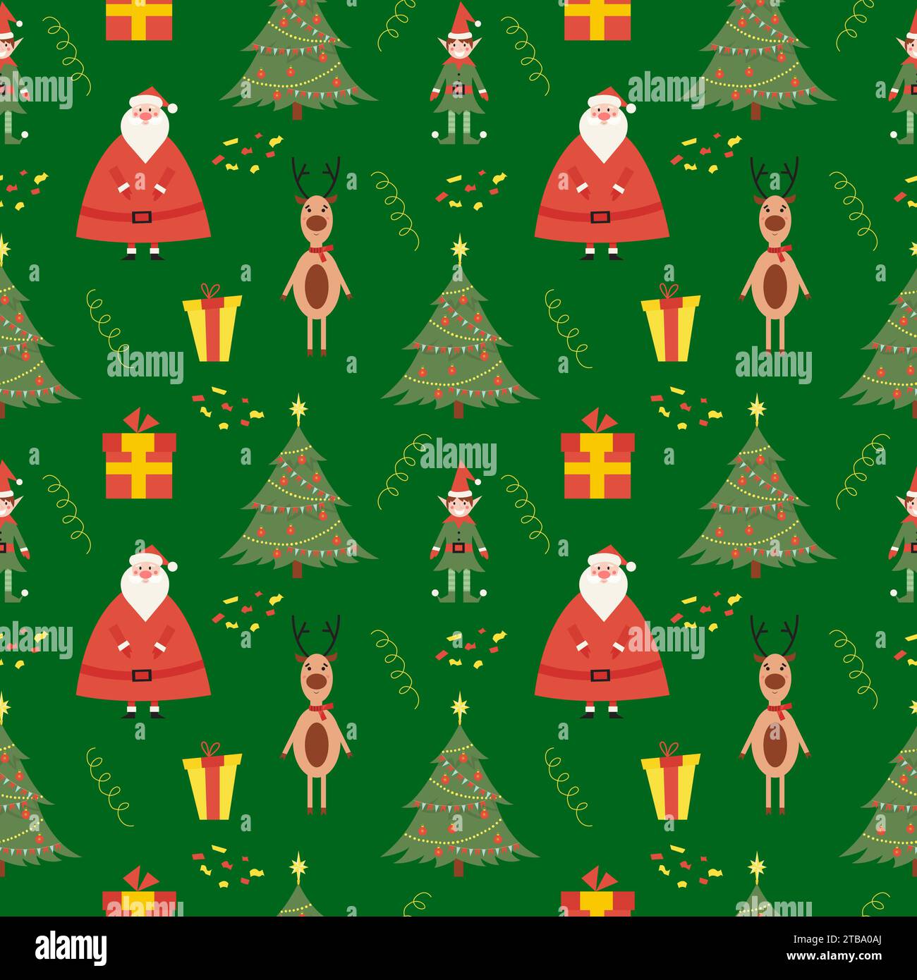 Motivo colorato senza cuciture natalizio con la graziosa clausola di babbo natale, elfi, alberi e cervi, con sfondo di colore variabile. Illustrazione piatta vettoriale per Illustrazione Vettoriale