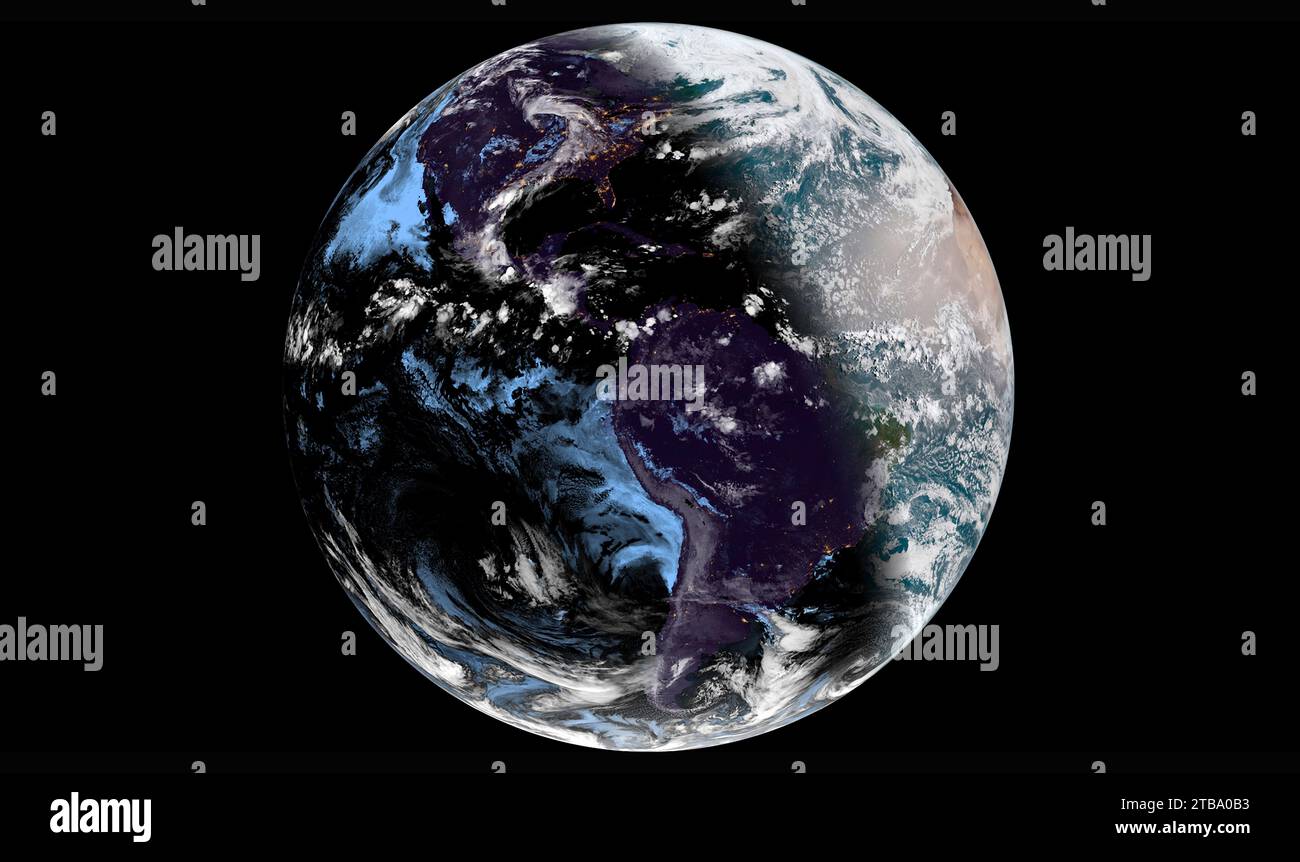 La Terra piena mostra lo schema dell'illuminazione terrestre dal sole appena prima del solstizio d'estate. Foto Stock