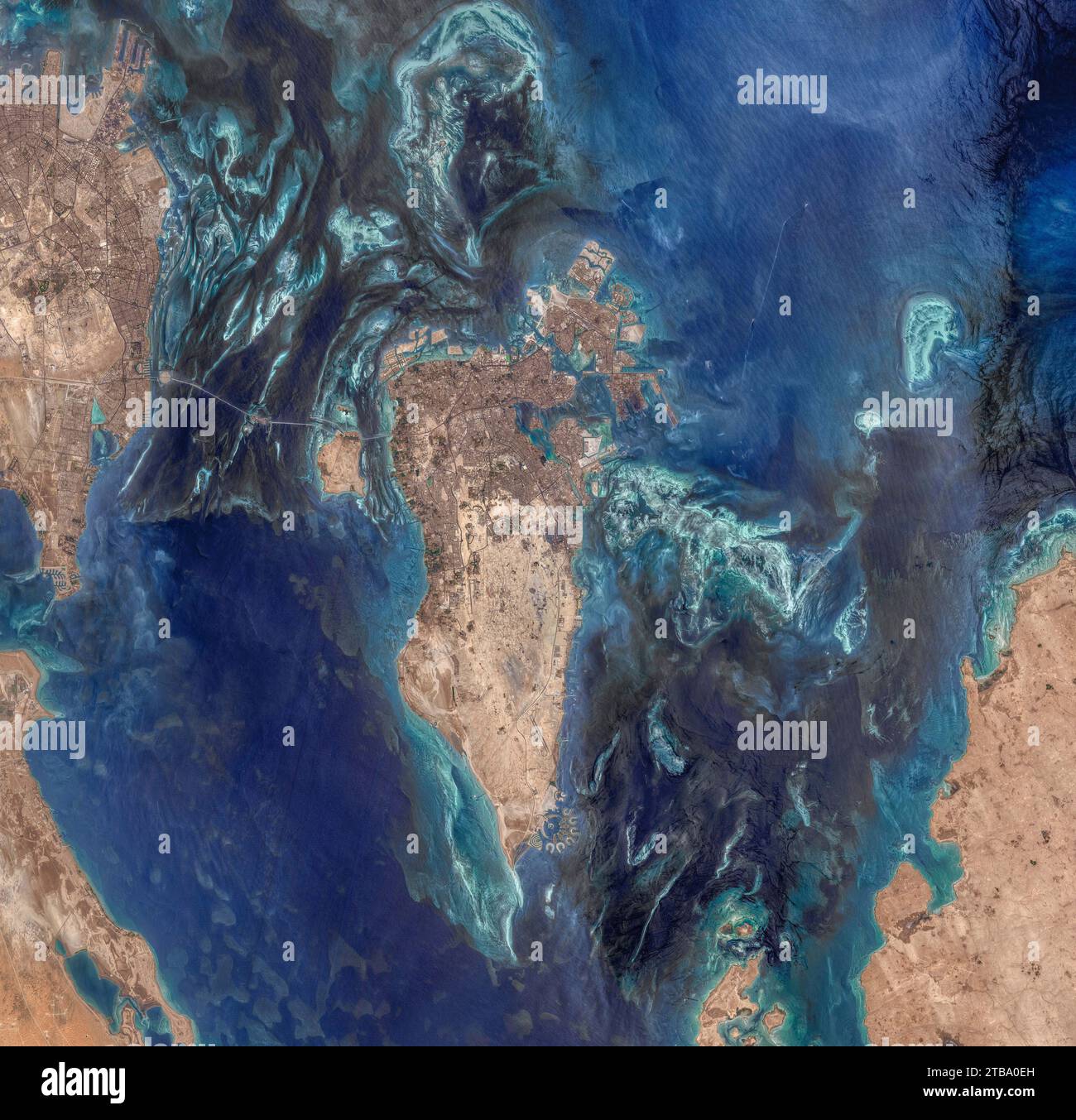 Vista satellitare del Bahrain, un piccolo arcipelago nel Golfo Persico. Foto Stock