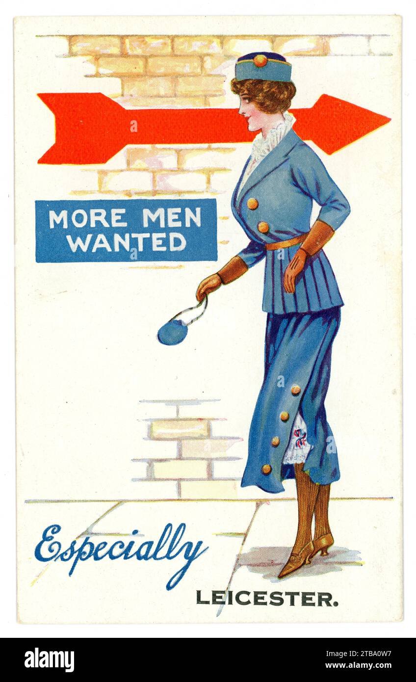 Cartolina di auguri comici dell'epoca della prima guerra mondiale, "More Men Wanted. Specialmente Leicester. Probabilmente si riferiva al reclutamento dell'esercito nel 1916, quando gli uomini furono arruolati nell'esercito. Leicester, Inghilterra, Regno Unito Foto Stock