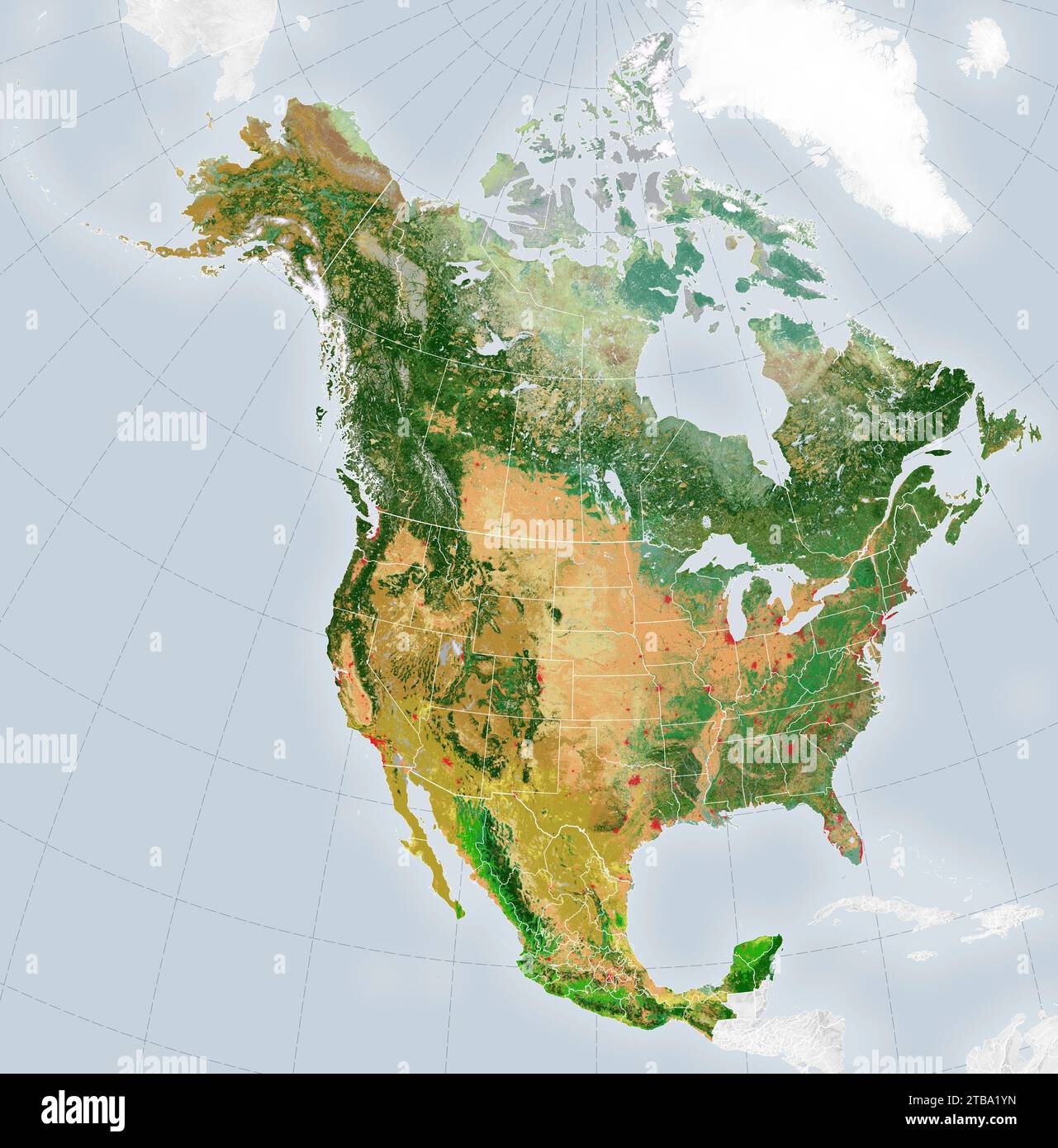 Mappa derivata da satelliti che mostra la distribuzione di 19 tipi di copertura del suolo in tutto il Nord America nel 2015. Foto Stock