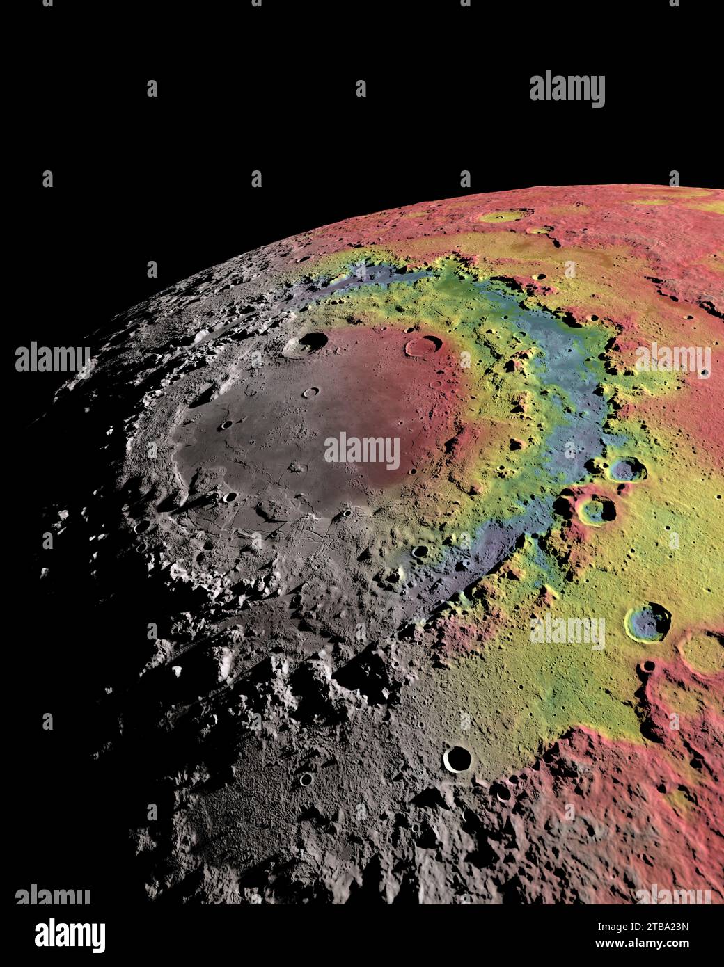 Il bacino d'impatto orientale sull'arto occidentale della Luna, combinando rilievo ombreggiato con gravità dell'aria libera. Foto Stock